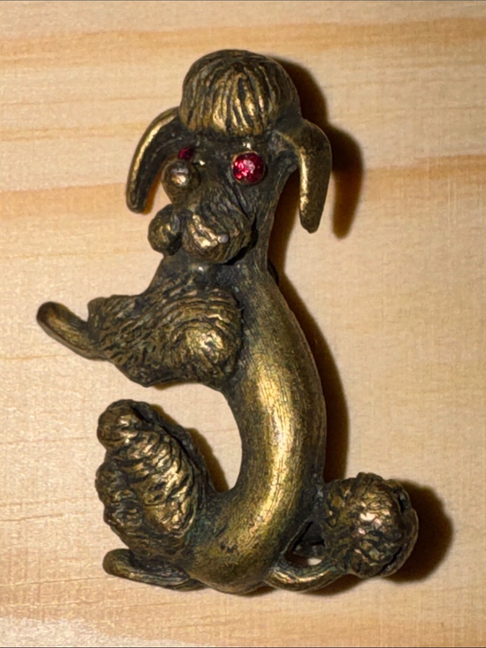 Vintage Brass Dog Figurine Brooch - Gold Tone with Red Eyes